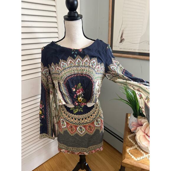 FARM RIO Womens Dress Mini Long Sleeve Cut Out Waist Bohemian Festival | P US S - Picture 1 of 12